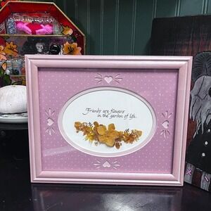 Mauve pink Grannycore whimsical wall art friendship dried flowers cutout hearts